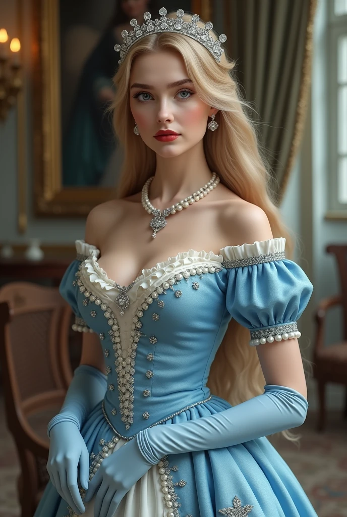 ((Best quality)), ((Masterpiece)), (detailed), 1 girl in, 26 years old, Alone, Oil Painting, Middle Ages, Aesthetic art, Sweedish, golden blonde wavy hair, Shoulder length hair, bright blue eyes, some small freckles, pale skin, (Textured skin, skin pores: 1.1), large breasts, buxom chested, tight blue dress, off shoulder, cleavage, diamond tiara, blue heels, high resolution, (ultra-detailed), (best illustration), (best shadow),,
