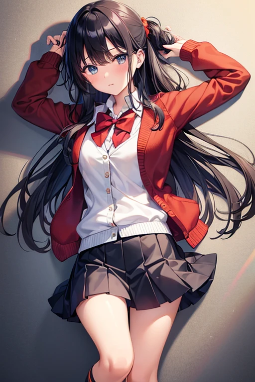 , 1girl, takarada rikka, black hair, solo, blue eyes, wrist scrunchie, long hair, red socks, school uniform, black skirt, bangs, pleated skirt, orange scrunchie, red bow, white cardigan, long sleeves, bowtie, white shirt, miniskirt, white sweater, lovely pussy