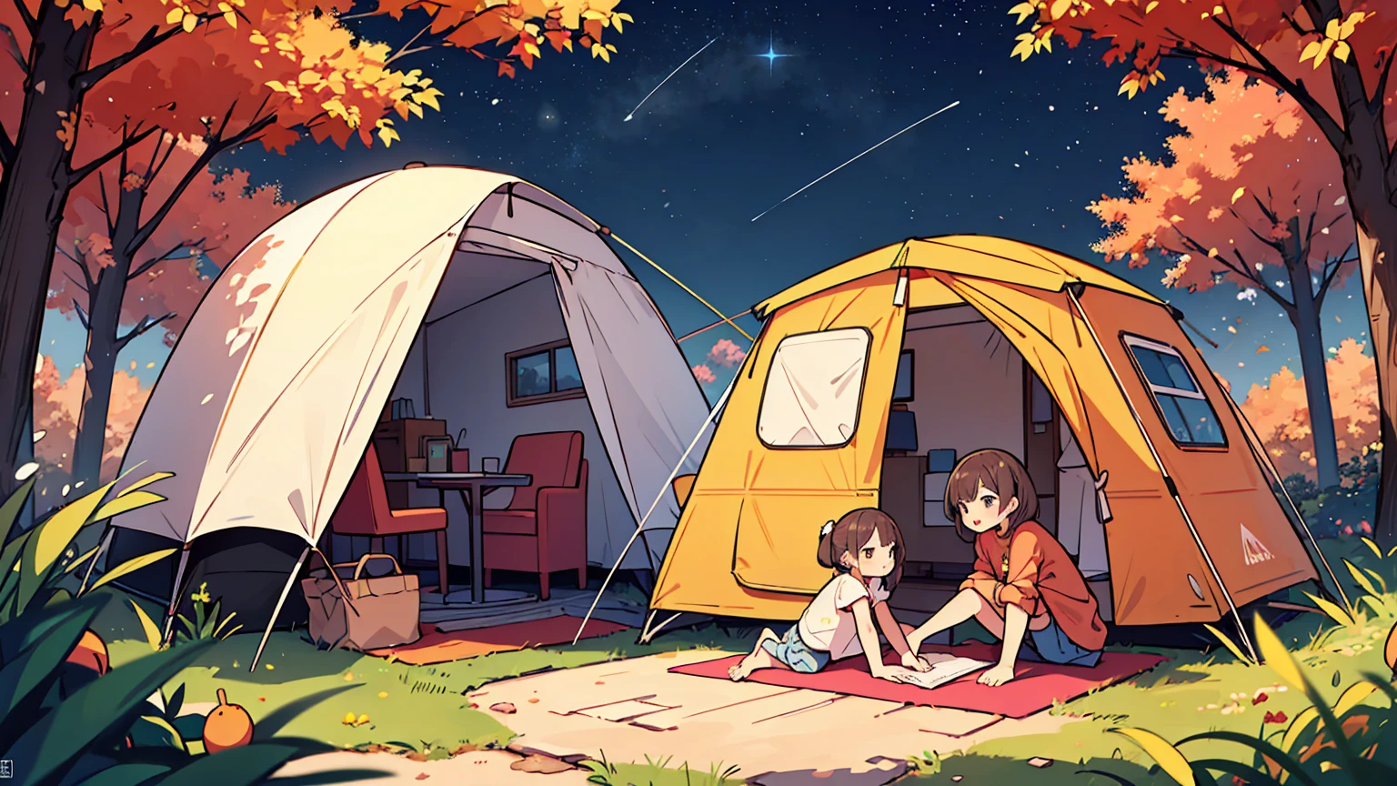 (masterpiece, best quality),2 adult women,letterboxed, perfection of fashion,chapped lips, Casual clothes,upper body, from the side,Campervan,night view,autumn,울창한 autumn나무,A lot of stars,Roll table,camping chair,Sitting on a chair,Well-organized camping gear,Elaborately drawn,realistic,