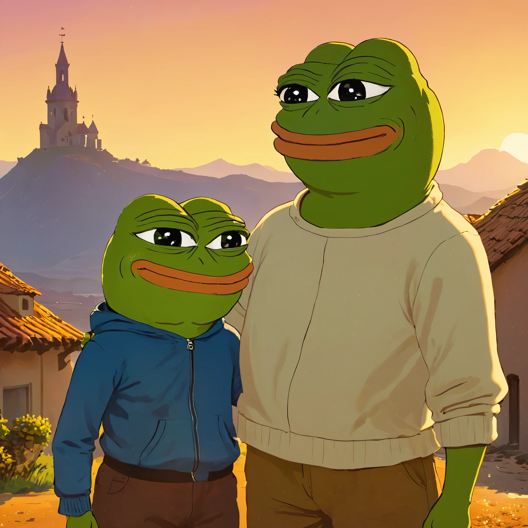 Pepe the frog, father and son, comic style, pepe smiles, digital illustration, bright colors, copix, cute and whimsical, warm color palette, masterful rendering, epic scale, amazing composition.