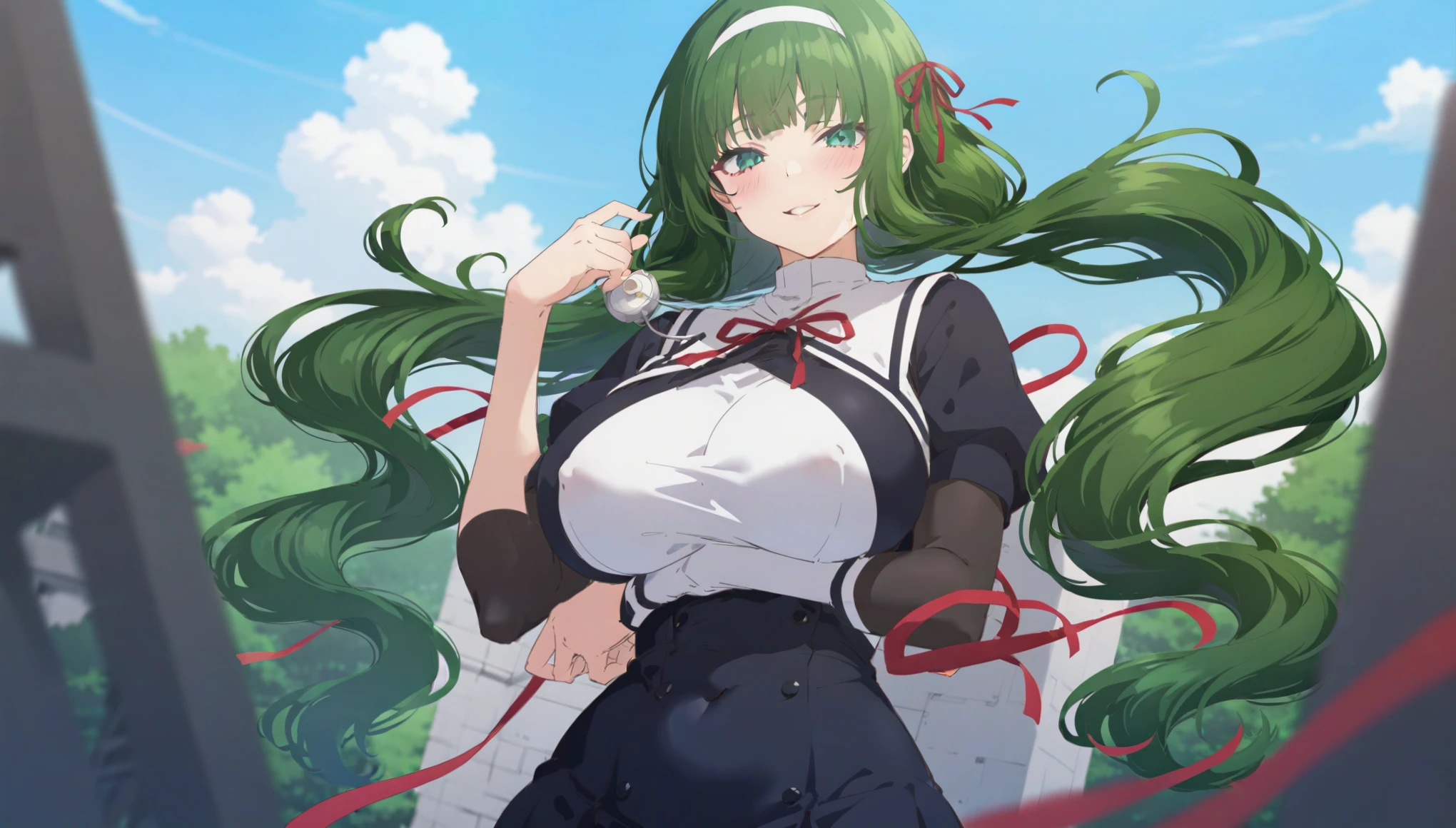 masterpiece,Highest quality,Very detailed,High resolution,4k Portraiture,8k Portraiture,Anime screenshots, Portraiture,One person,alone,Hasebe_Tōh-hsien, Long Hair,pantyhose, (green hair) ,ribbon,hair band,hair ribbon,very Long Hair,Green Eyes,bangs,red ribbon,white hair band,low-tied Long Hair, Large Breasts, Large Breasts,Huge hips,Thick thighs,(((nsfw))) , (((busty))),1girl, sensual body, Her cheeks flushed , smile , looking at viewer , (((white buzzer dress))) , buzzer , blue sky