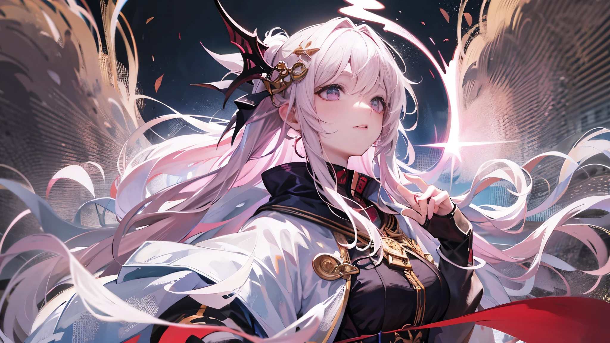 Highest quality, best work, beautiful girl with light pink hair, living in a fantasy world、An apprentice wizard who is good at fire magic.。She was wearing a white dress with an open chest.、Wearing a short cape。
Skin is whitened、The eyes are bright and blood-red。The mark of a wise man is engraved on his wrist.。
It has short, white devil horns.。
Her hair is in twin tails down to her chest、Please make the illustration look like an anime character.。
So that the entire upper body is visible、Focus on her and blur the background。