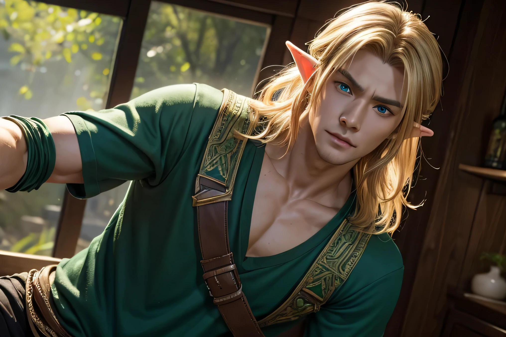 Rin々A funny expression、Very detailed, Live Action、Ultra-realistic digital portrait of Link from The Legend of Zelda, Very detailed facial features, Piercing blue eyes, His physique is masculine, Well-trained, Slim Muscle.、Sharp jawline, disheveled golden hair, , Green themed elven clothing、The background is night、dark、indoor