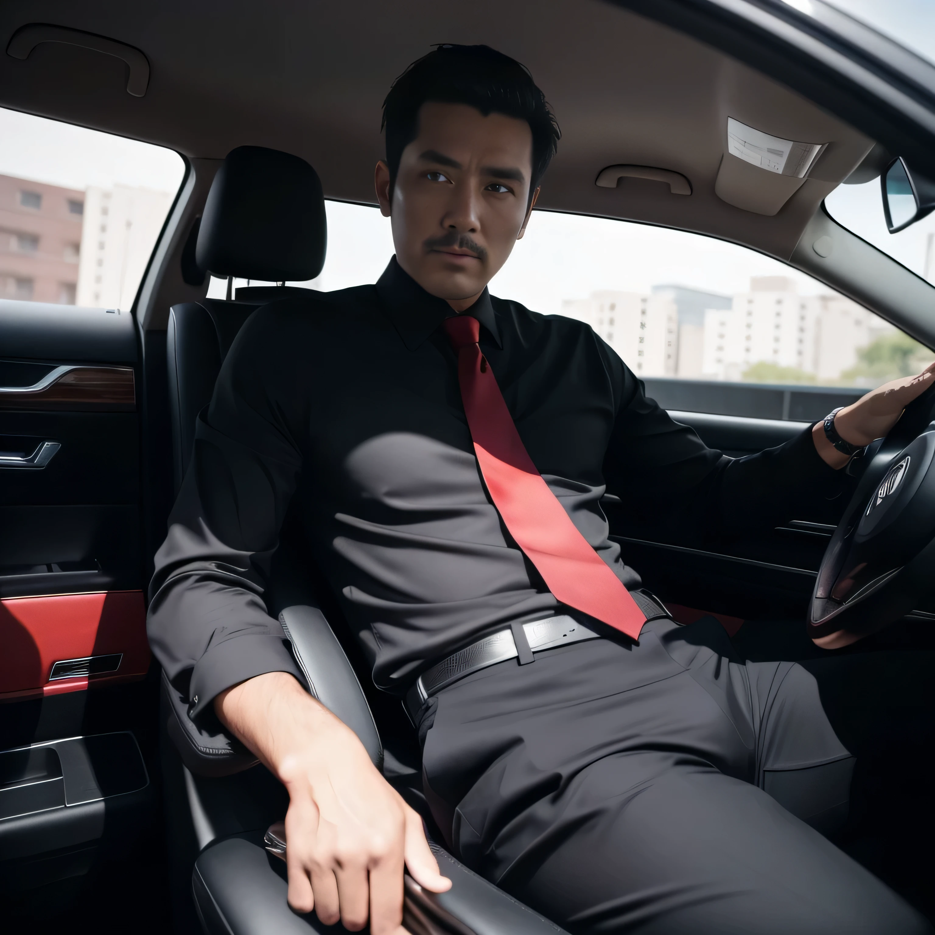 40 years old,One Man,Black Shirt、Red tie、Black slim pants、,Morning parking lot、mafia、Sitting with legs wide open、Hold a gun,logic,Gay ,Very short hair、undercut,Stubble,Asian Faces,Handsome Dad,Bulging in the crotch area of pants