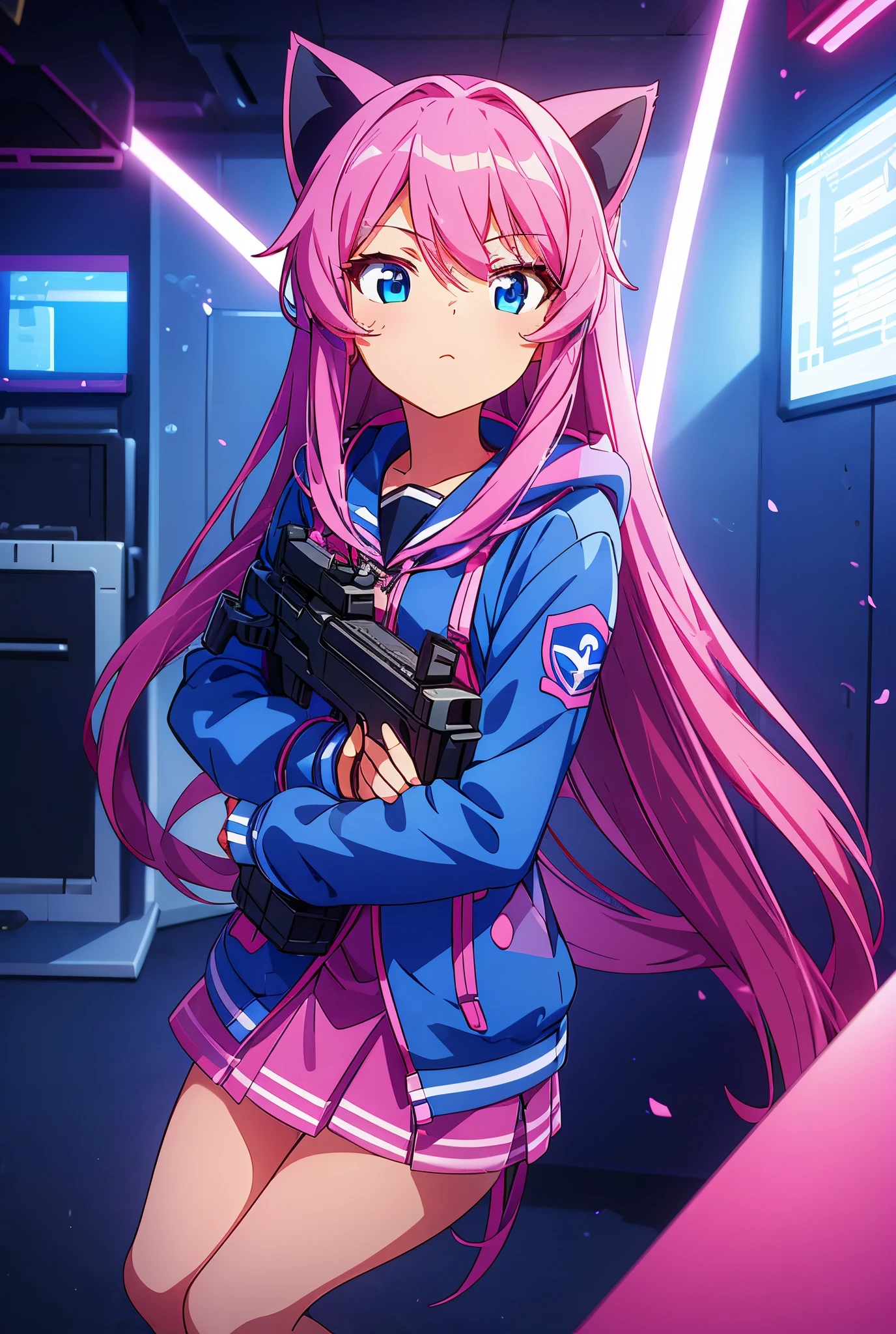 1 girl, Long hair, blue eyes, pink hair, blue eyes, hood, Navy school uniform pink short skirt with blue sniper rifle in hands High resolution, masterpiece, anatomically correct, High details, ray tracing, cat ears, necessary,