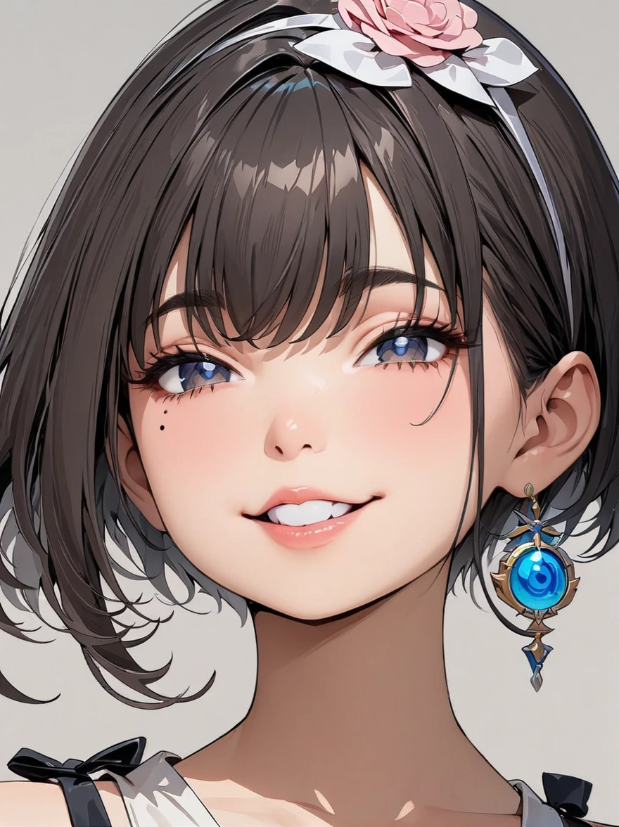 (masterpiece, Highest quality:1.4), 1 girl, solo, Anime Style, Dark grey pupils, Blurred vision, Laugh with a pointed lip, Bow your head a little, Tear Mole, smile, Super Short Hair, Simple accessories, Top Portrait Artist Styles, Large Breasts, vision, Gray background.