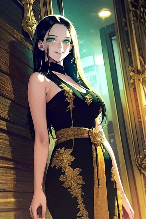 altairdb, very long hair, (green eyes:1.4), (black hair:1.4),masterpiece,best quality,night view,rainy,cyberpunk city,wet clothes, kebaya_bali,black_kebaya_bali,large breasts,sweaty, smile,transparent dress