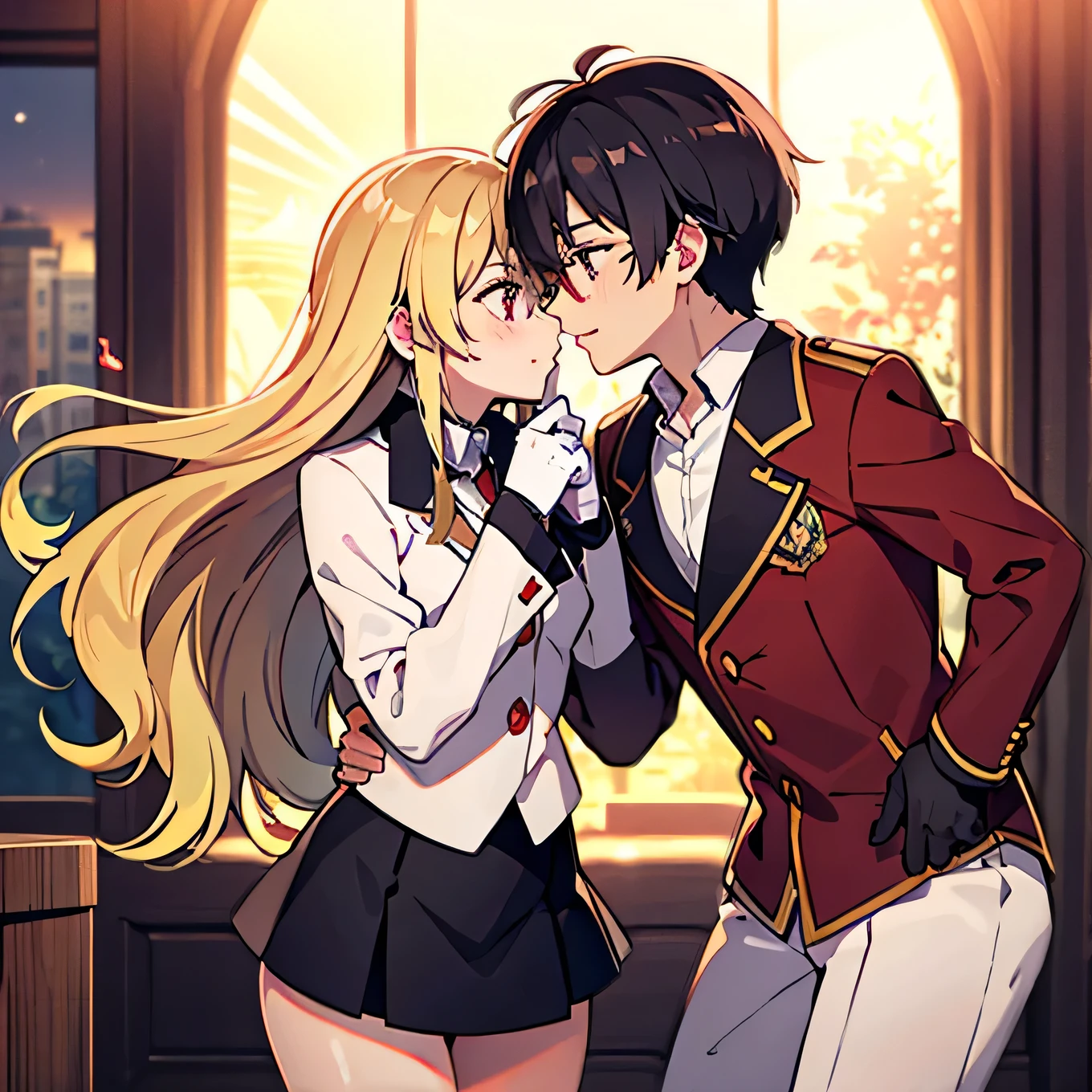 1 boy with black hair, Red jacket and glasses romantically kissing a girl with blonde hair and red eyes. With a white miniskirt, city at night in the background., True love, blushing cheeks, high quality 