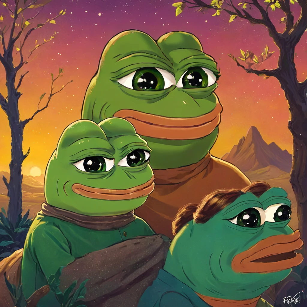 Pepe the frog, father and son, comic style, pepe smiles, digital illustration, bright colors, copix, cute and whimsical, warm color palette, masterful rendering, epic scale, amazing composition., (((pepe_frog))),