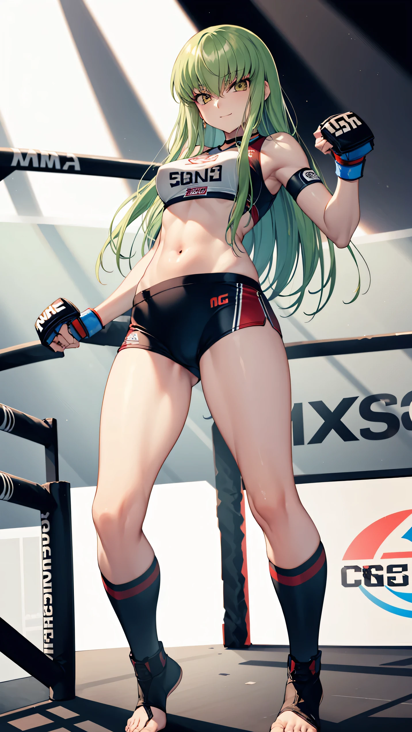 CC_Code Geass, Hair between the eyes, Very long hair 1 person, Bright light, evil smiling, alone, full body shot, From below, Fighting, (masterpiece, Highest quality), 8k, Intricate details, (on MMA Arena :1.5), (wearing MMA uniform:1.5, white tops and black bottoms:1.3), belly button,Slender body,Slim,((Highest quality)), Sharp focus: 1.2, Highly detailed face, Highly detailed eye,Toned stomach,