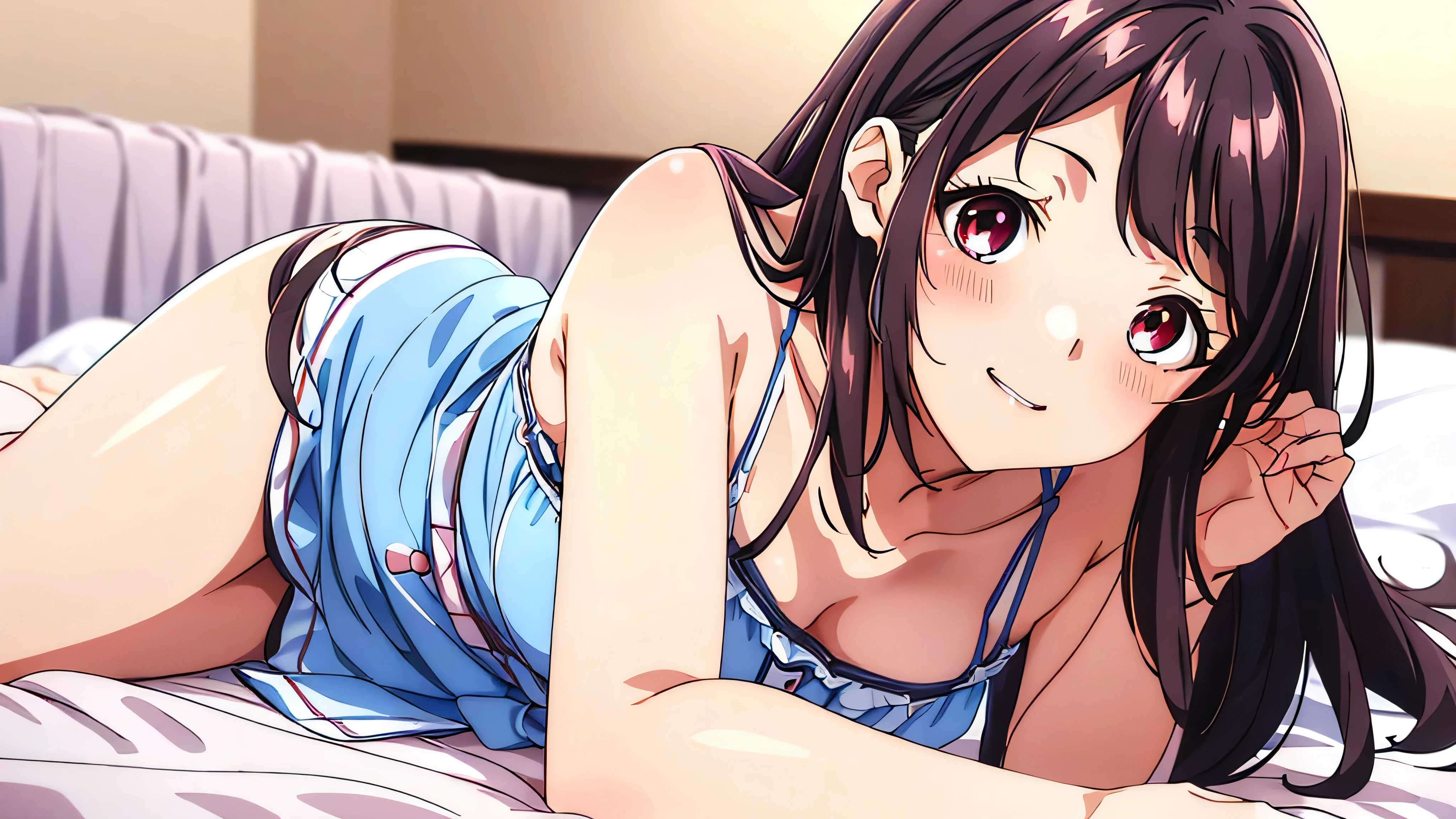 Kaori Hojo, girl, (masterpiece: 1.1), (highest quality: 1.1), red eyes, long hair, midium_breasts:1.1, cute smile, (upturned eyes, blush:1.2), parted lips,(summer dress:1.2), bed room, ((bed on side:1.2)), (close-up:1.2), gravure,