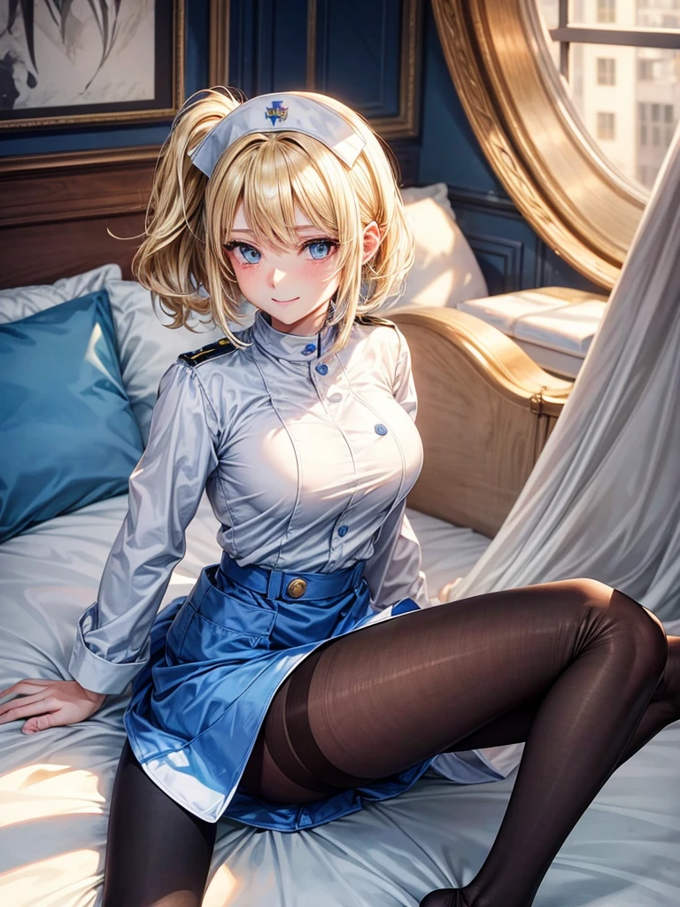 iwanaga kotoko sitting on her bed spreading her legs to reveal her panties, sitting on bed, cute girl, white panties, white dress, white beret, perfect anatomy, sexy, ultra detailed, hdr, 4k, spread legs, fullbody, blushing, pervert, perfect proportions, blonde hair, white pantihose, short hair