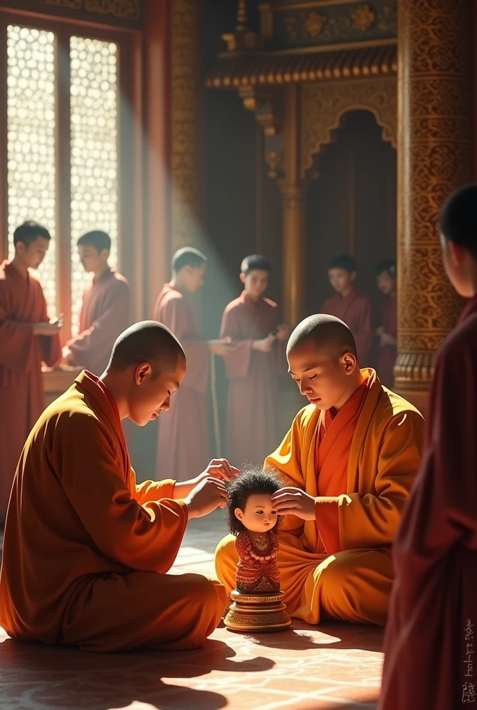 Children monk meditating, temple chinese, ultrarealistic, montains chinese