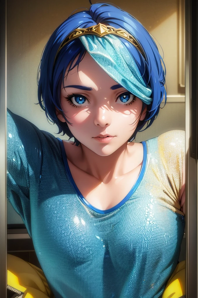 A young girl with short blue hair, detailed facial features, yellow and blue eyes, wearing an ornamental tiger-themed outfit, experiential hybrid human-tiger character, intricate details, (best quality,4k,8k,highres,masterpiece:1.2),ultra-detailed,(realistic,photorealistic,photo-realistic:1.37),vivid colors,cinematic lighting,fantasy,digital painting,concept art