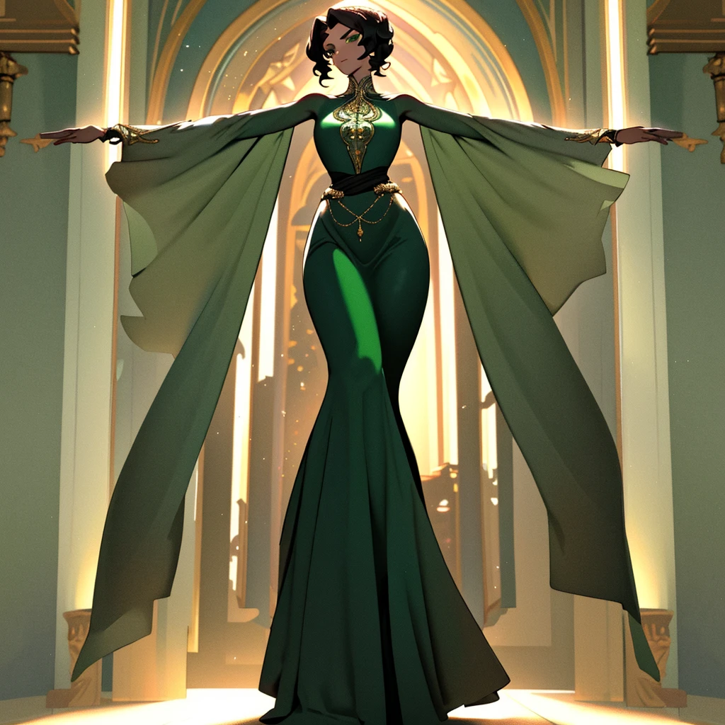 A woman with resplendent black skin, with curly black hair that forms a natural frame, displays emerald green eyes that capture attention. Her body features an elegant slim waist, robust thighs and a delicately , while wearing a stunning Grecian outfit that highlights her unique beauty. tpose, arms out, legs spread, full body