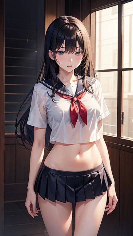 one beautiful girl, 15 years old, Still innocent face、droopy eyes、big breasts、small butt、(The skin in the white lace panties is as white as snow、Long black hair down to the waist、have a lot of hair、bangs、(school uniform)、(white short sleeve sailor)、(Lower body is only white panties.)、inner thigh、front、very shy, NSFW、shy smile、
