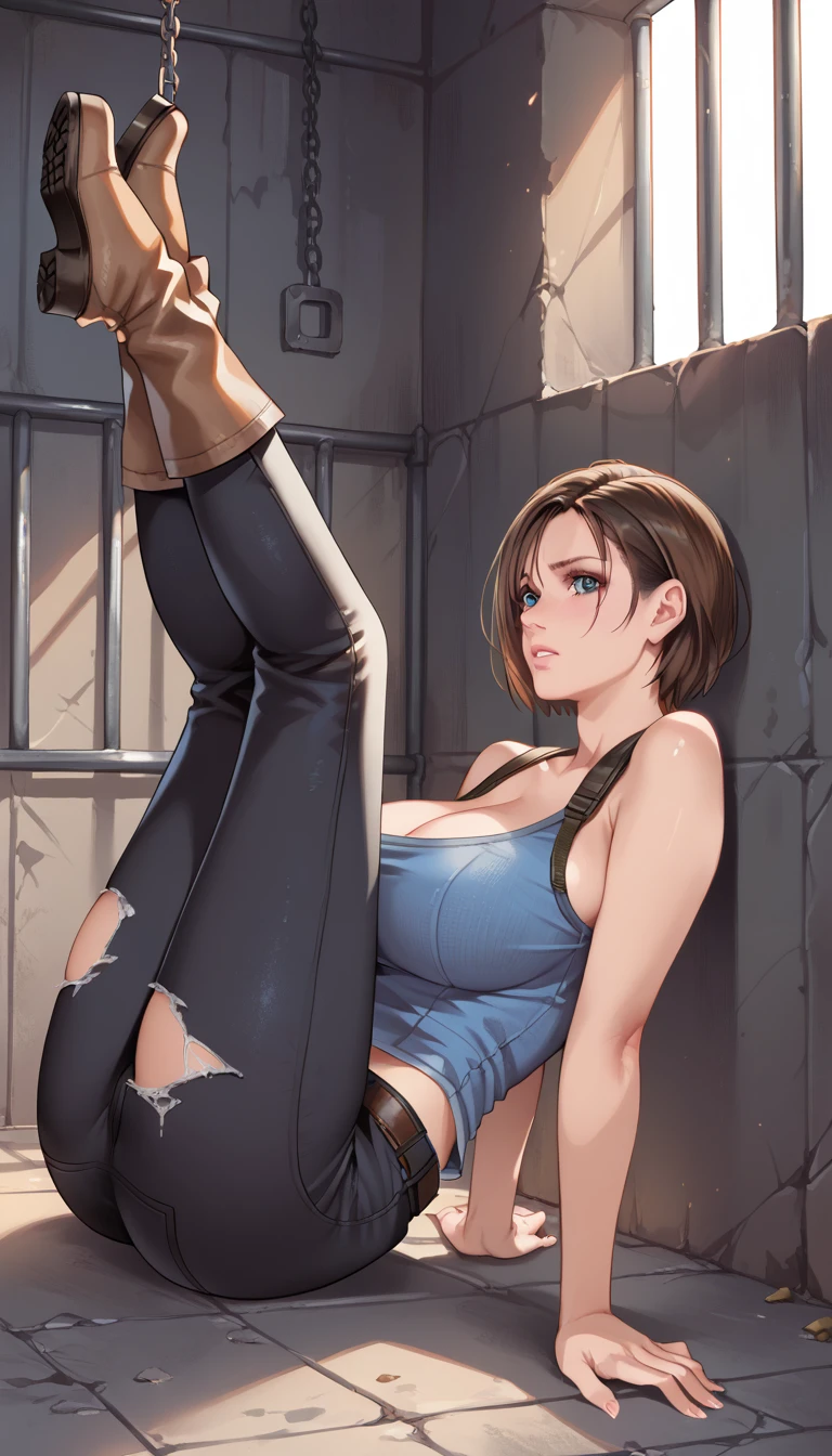 score_9, score_8_up, score_7_up, ((best quality)), ((high resolution)), Jill Valentine, short hair, short hair, blue top, huge breasts, black jean pants, boots, (worried), (pants torn), (prison dungeon), (her arms tied behind her back), (lying on back, on the floor), (legs up), (one zombie grabbing her thighs), (perfect eyes),(curvy body), (side view), rating_safe, (detailed eyes)