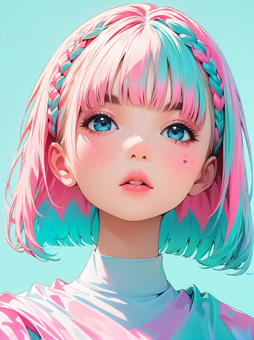 (Highest quality:1.4, City Pop Style, Very detailed, up to date, Vibrant, High Contrast, masterpiece:1.4, Highest quality, Best aesthetics), girl, ((Face Up Shot:1.4)), Colorful Hair, Bobcut, Braid, pastel colour, Plain background