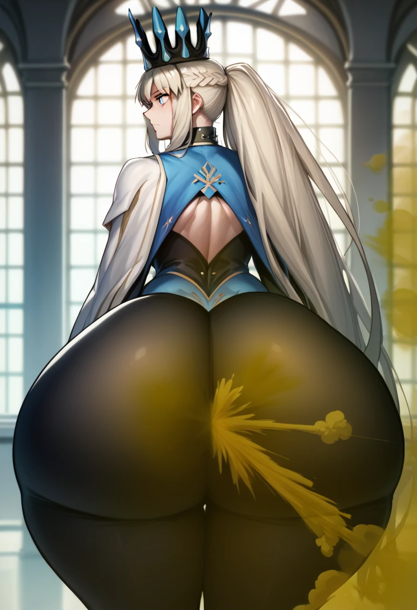 Highest quality, masterpiece, High Resolution, 1 girl, long hair, grey hair, blue eyes, very long hair, ponytail, Split ponytail, french braid, Crown, spiked collar, black bodysuit, Ass, hyper Ass, huge Ass, big ass, wide hip, fart, farting, yellow_smoke, yellow_gas, sprays, ass focus,