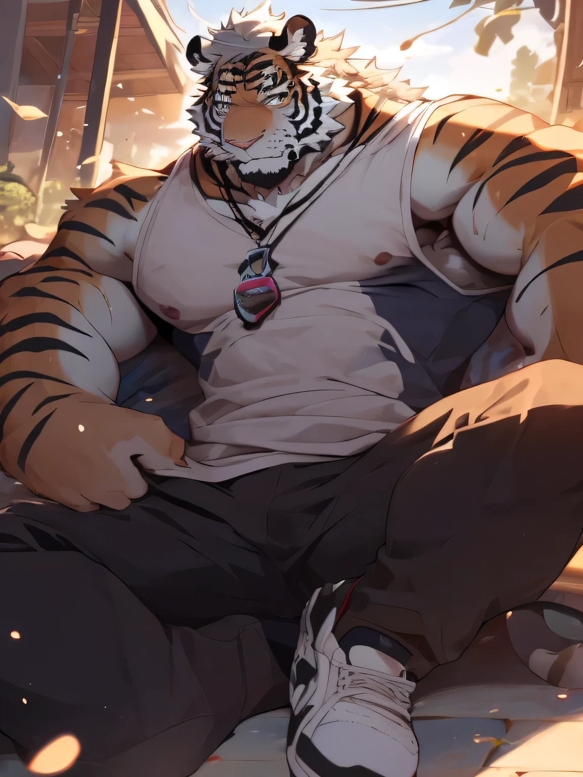 anthro, bodily fluids, fur, bulge, blue shorts, looking at viewer, lying, male, multicolored body, multicolored fur, muscular, (musk clouds:1.2), navel, on back, pecs, precum, (hard breathing, tongue out), solo, two tone body, two tone fur, by Pixelsketcher, by Bayard Wu, by Thomas Benjamin Kennington , by Einshelm, by Chunie, (arms behind head), (both arms behind head),, (lin hu:1.1), (exhausted, sweat, bruised:1.6), in the boxing ring, boxing glove, (beaten down, swollen cheek:1.4)