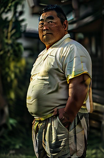 Photorealistic middle-aged fat Japanese man with a very fat and filthy muscular stepdaughter、Single eyelid、50th Generation、Short black mustache、Short black buzz cut、whole body、Homosexuals、Square, thick face、Sunburned skin、Hairy、Thick and big ass、Broad shoulders、Middle Age、Yellow race and dark skin、father、Father、father、has narrow eyes、Erotic、Anatomically accurate penis、Large testicles、An erect penis、Standing with your legs apart、Side view, facing towards the viewer、Anatomically correct, Midsummer Day、surrounded by tall weeds、fat、Highest quality