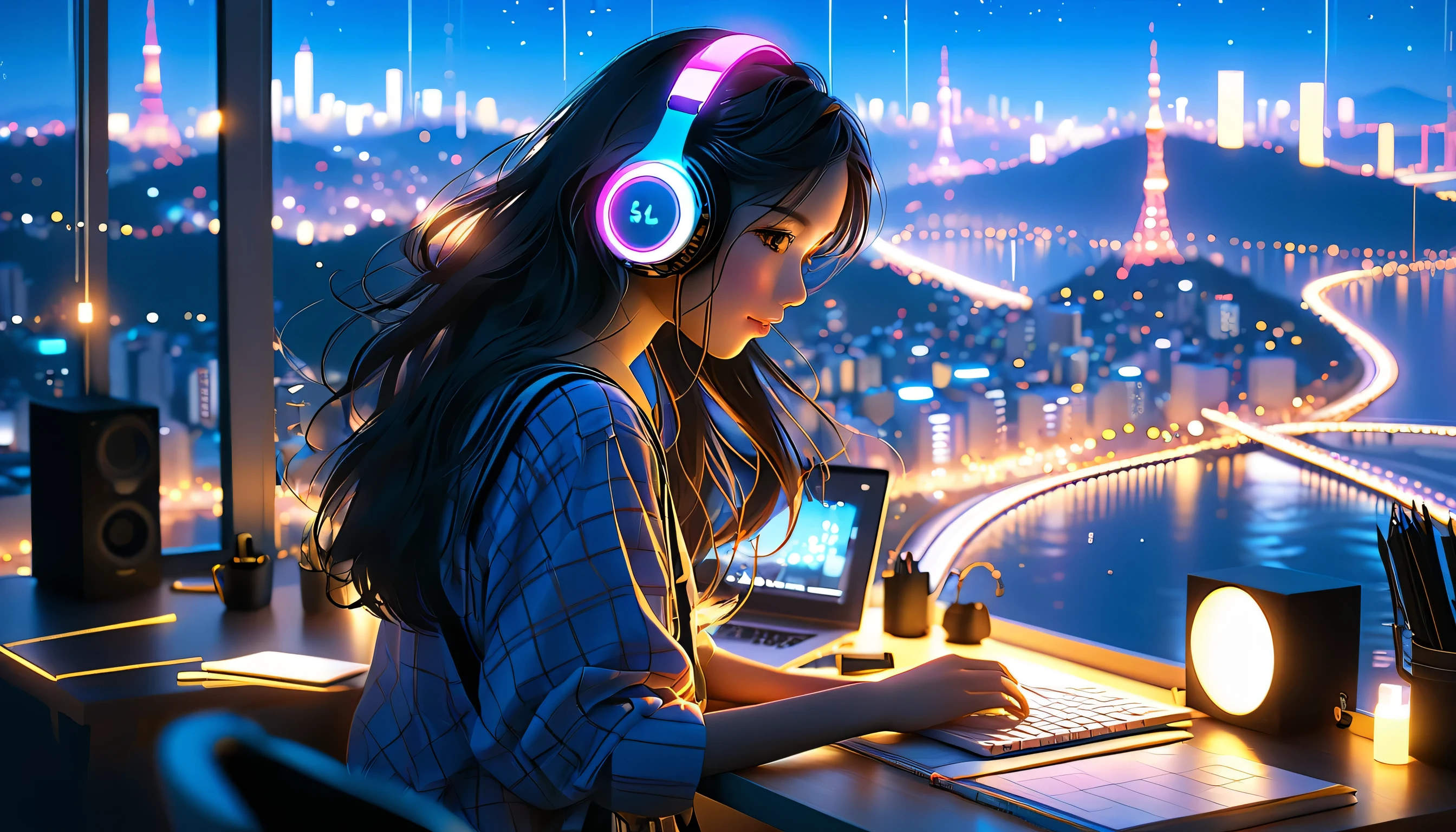 Beautiful girl studying in her room while listening to music with headphones、long hair、Warm indirect lighting、Beautiful cityscape from the room window、Japanese anime style、