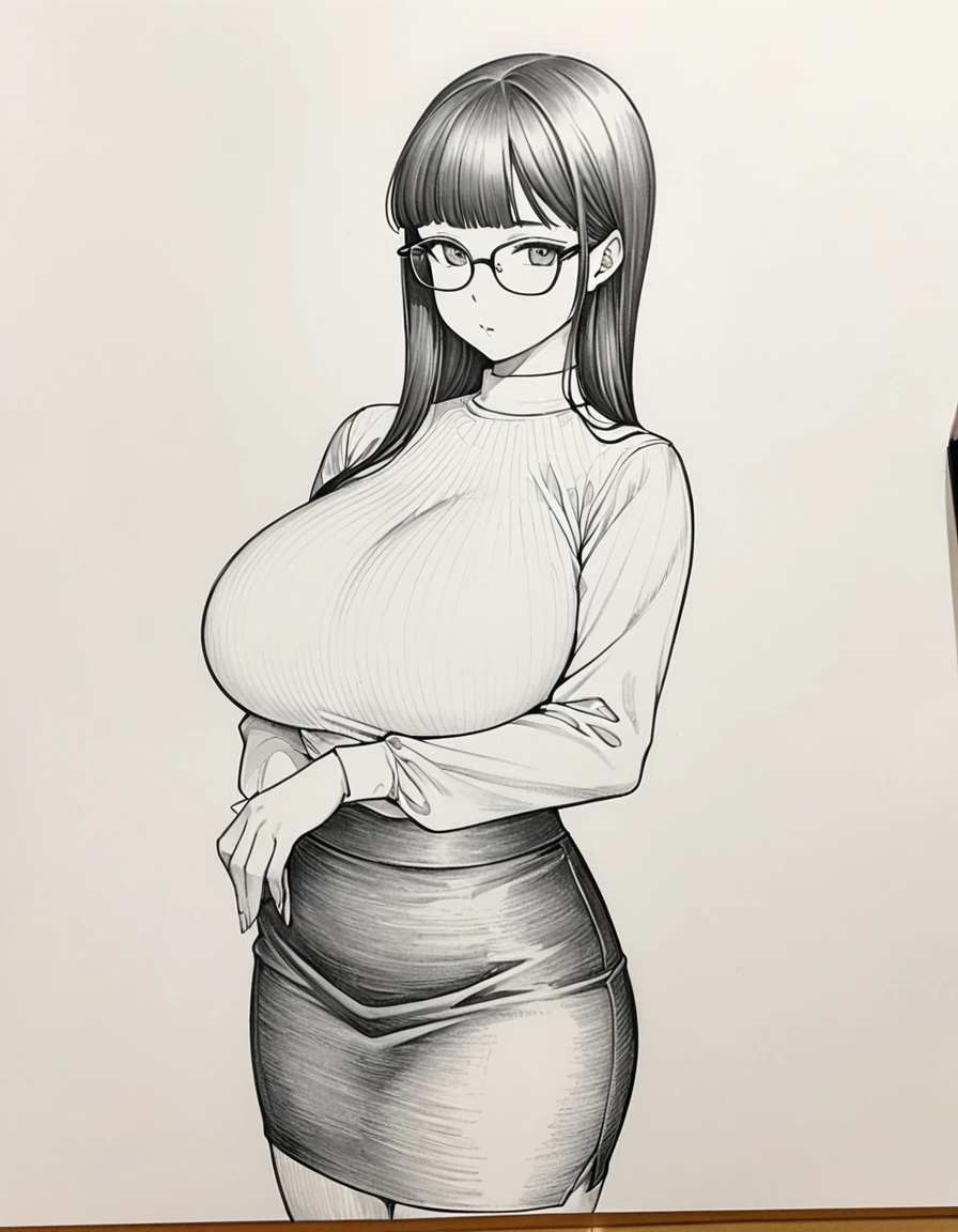 1 female, 30-year-old, alone, thin, slender, (gigantic breasts), nape undercut, Bedhead, Blunt bangs, thin, slender, (((glasses))), long sleeve blouse, sexy pencil skirt, Are standing, art, black and white, line art, pencil drawing, draft, White background