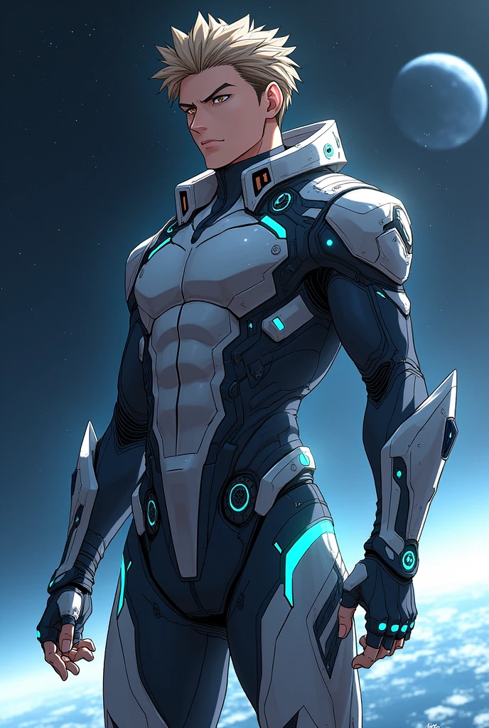 Handsome 20 year old cyborg Brown Eyes future universe Science fiction The background is the galaxy universe A very tight white and blue rubber suit Plug Suit Gloves looking at the camera White bulge Very short black hair with bang Male slim muscular man Big bulge Big ass
