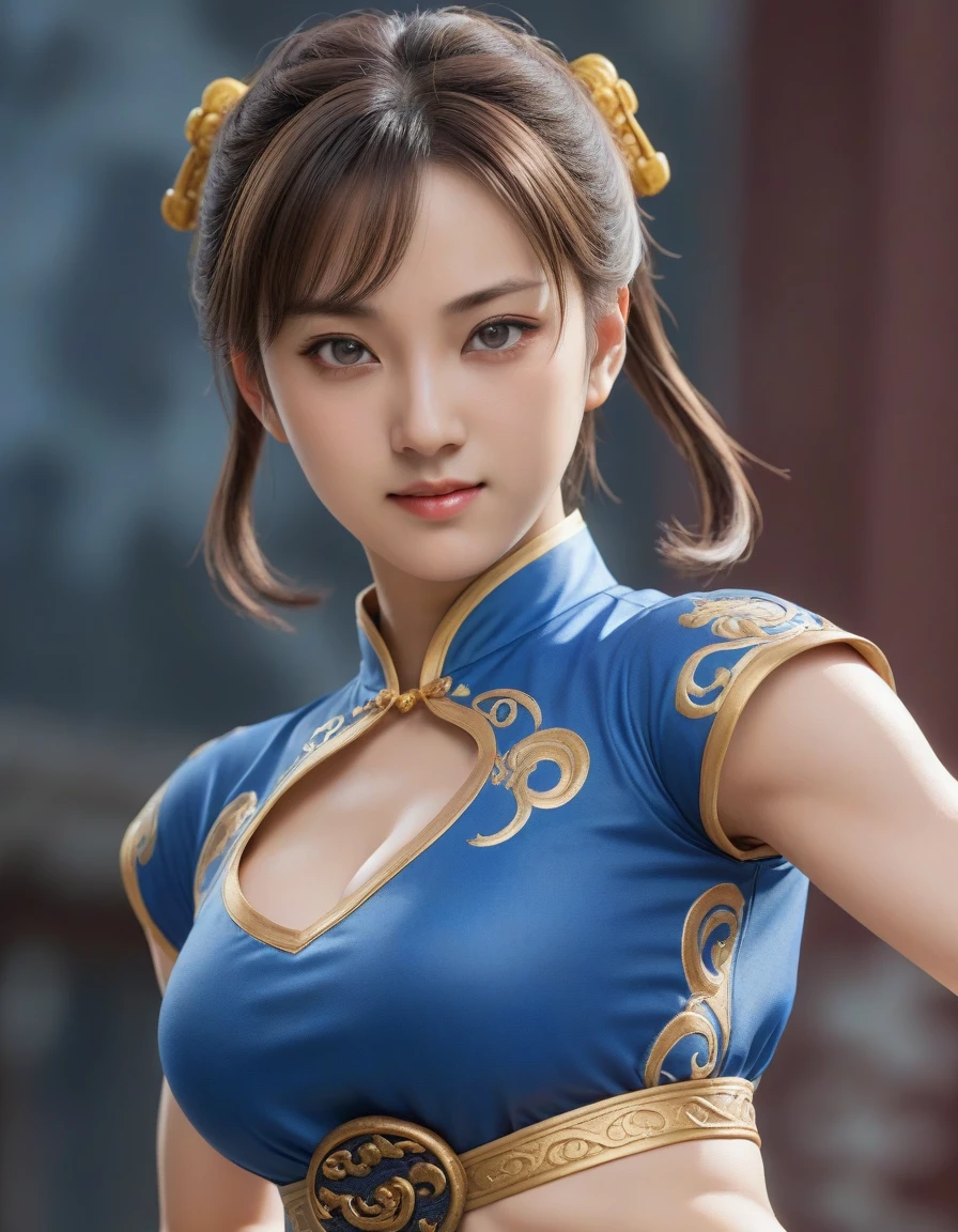 《Street Fight II》Chunli,Perfect Chunli Costume,Blue and gold cheongsam,Bunhead,Good cover,Combat Stance,High kick,kick、Please put your feet up,masterpiece、1 beautiful girl、Beautiful Eyes、Puffy eyes、Highest quality, 超High resolution, (reality: 1.4), Light、so beautiful、Beautiful Skin、Turn your body forward、(超reality)、(High resolution)、(8k)、(Very detailed)、(Beautiful Eyes)、(Very detailed)、 (wall-)、Delicate face、明亮的Light线、Professional Lighting、Looking at the audience、direct view、Tilted stone sculpture, Highest quality, masterpiece, Highest quality, Perfect Face, Perfect brown eyes with white sclera, Bad move - 5, Lonely, 1 girl, Upper Body, Brown Hair, From SF2, Chinese Language Services, smile, Muscular Woman, Blue clothes, pantyhose, Pelvic Curtain, Short sleeve, Good cover, sash, evaluate,kick起来.