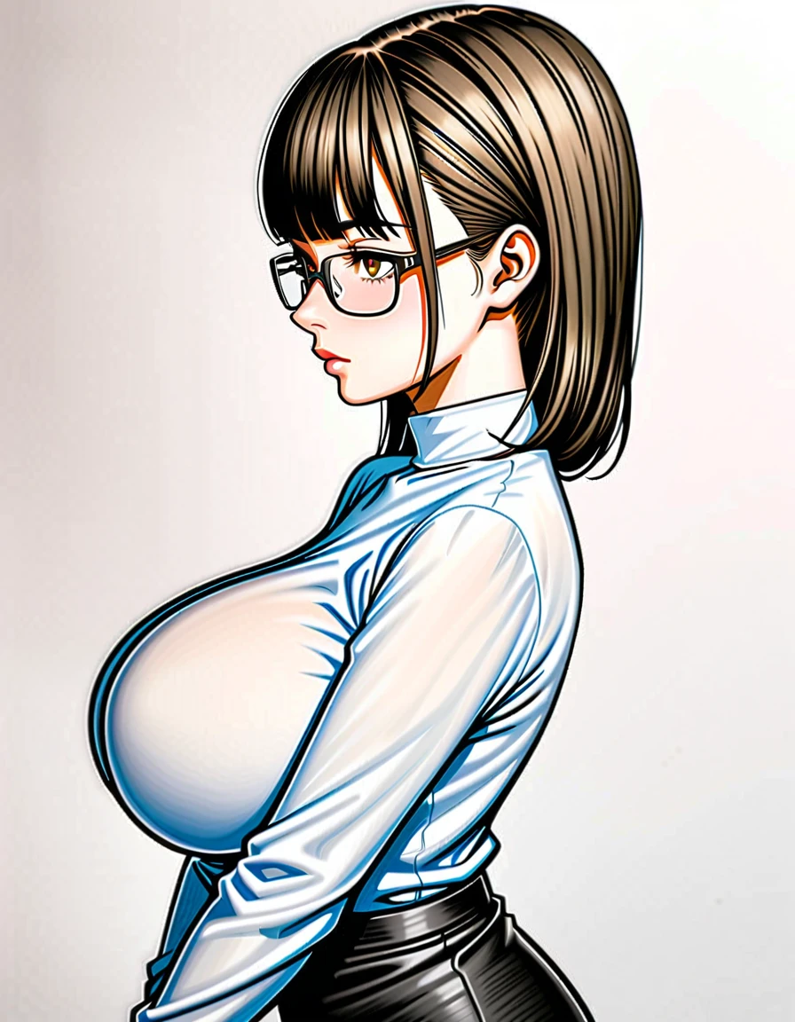 1 female, 30-year-old, alone, thin, slender, (gigantic breasts), nape undercut, Bedhead, Blunt bangs, thin, slender, (((glasses))), long sleeve blouse, sexy pencil skirt, Are standing, art, Colored pencil drawing, draft, White background, portrait