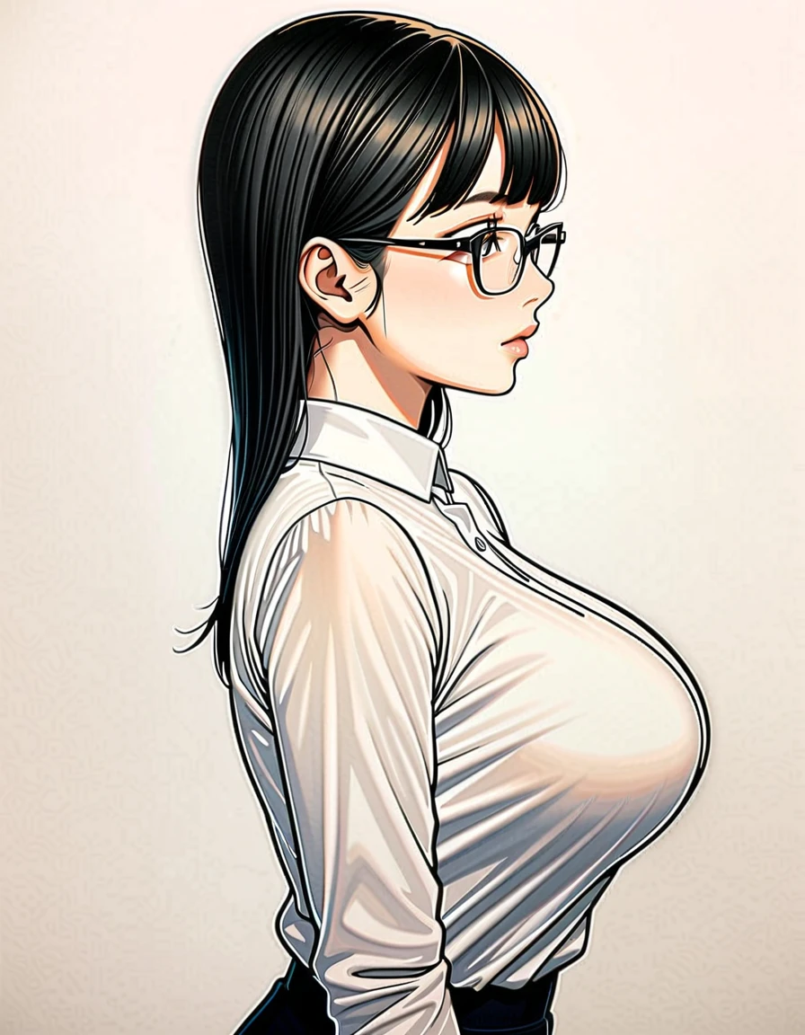 1 female, 30-year-old, alone, thin, slender, (gigantic breasts), nape undercut, Bedhead, Blunt bangs, thin, slender, (((glasses))), long sleeve blouse, sexy pencil skirt, Are standing, art, Colored pencil drawing, draft, White background, portrait