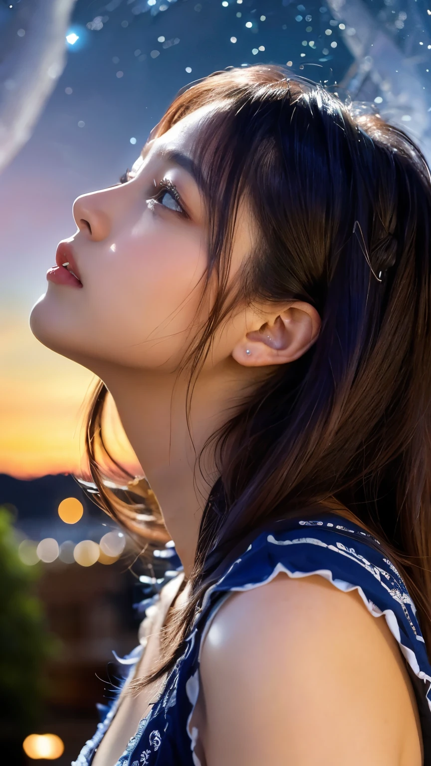 A woman with long hair and a blue dress looking up at a sky - SeaArt AI