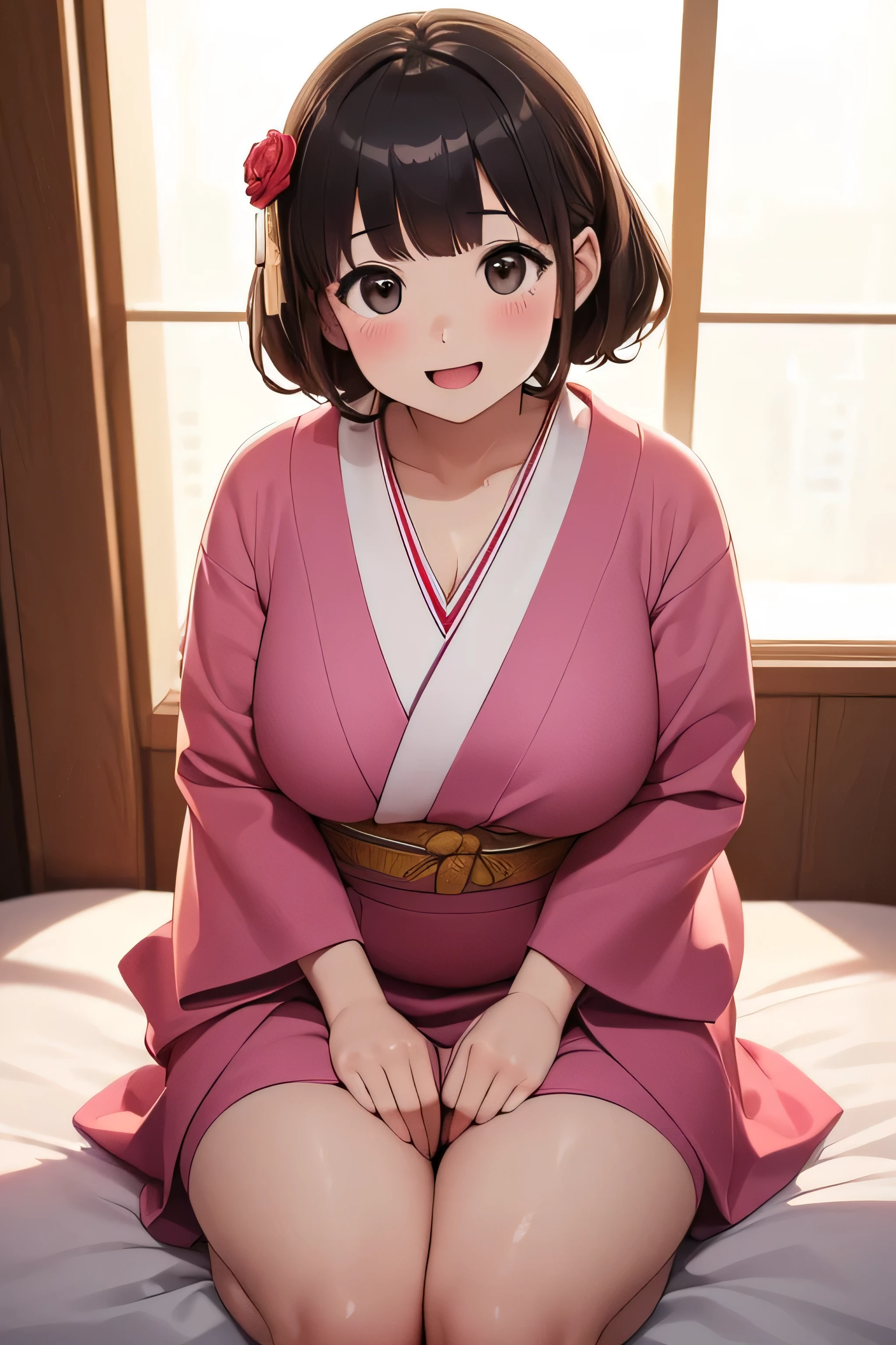 ((masterpiece、High resolution、Highest quality、Extremely detailed image quality、))、Big smile、Open your mouth, (solo、1 person:1.9)、Japanese、Calm face、Plump body、Cute hairstyle、Cute hair accessories、Shiny skin、Look forward、Whole body image、(On the bed、In the girl's room:1.5)、(Luxurious underwear、Expensive lingerie:1.7), (Sexy Underwear:1.2、Cute panties with ribbon,)、 (Large Breasts、Glowing Skin、Shiny skin:1.4)、(Put your arms behind your back:1.2), (((Anatomically correct body, masterpiece, accurate, Winner of numerous awards, High detail, Textured skin,)))、((Leg spread、Spread your legs、Emphasis on the crotch、))、((((Swelling in the groin area、clitoris is erect、))))、