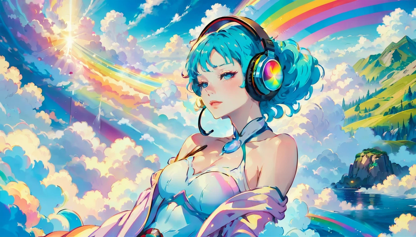 A stunning nude woman, wearing headphones, composed of a dazzling array of rainbow hues, laying gracefully at the end of a radiant rainbow amidst the fluffy clouds in the night sky overlooking a vibrant cityscape, dynamic and enchanting lighting, accentuates her vibrant, full-bodied form. Fantasy art. Masterpiece 