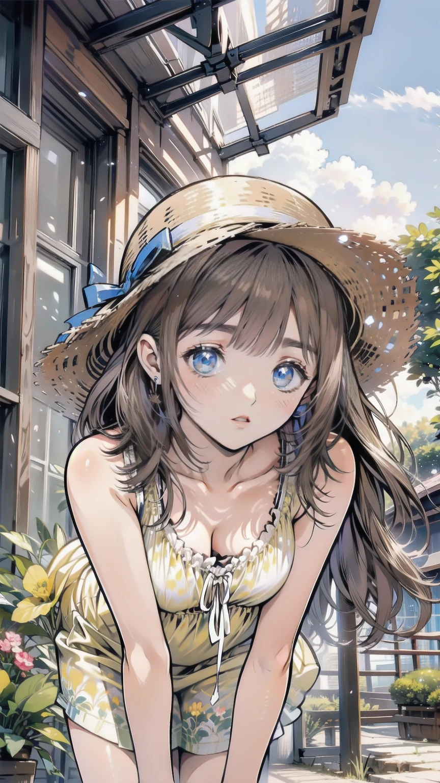 Shiny brown hair, short hair, (Beautiful brown eyes、Sparkling eyes, fine grain)、smile、Very fine eye、Highly detailed face, Highly detailed eyes,


(masterpiece:1.2, Highest quality), 

(Highly detailed body, Delicate and complex hair, Cute anime face), ((Very beautiful and detailed anime faces and eyes)), (Outdoor, lake:1.3), break
(One Girl, alone, pretty girl:1.4), , short hair, , Mid-chest, 
break
(smile, Open your mouth, blush:1.3), (Straw hat, yellow sundress, Leaning forward, Cowboy Shot:1.35),