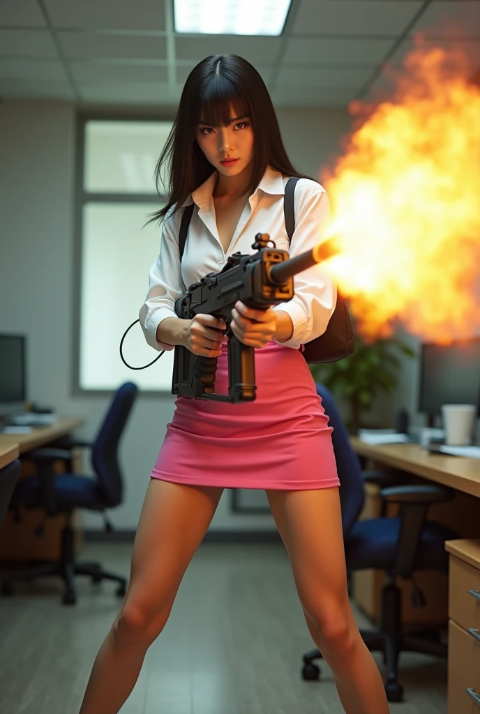 beautiful chinese office lady mini latex skirt white shirt realistic long machine gun toting real person legs spread apart standing rampage shooting side target facing 


