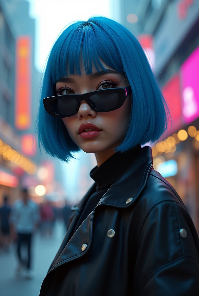 close-up, photograph of, an Asian woman, with straight short bright blue hair with bangs and an unbuttoned open blue jacket adjusting the sunglasses on her face while standing in front of a bright led lit city street at night BREAK wearing low cut white crop top, wired earbuds hanging around her neck, extremely intricate details, masterpiece, enhanced contrast, highly detailed skin