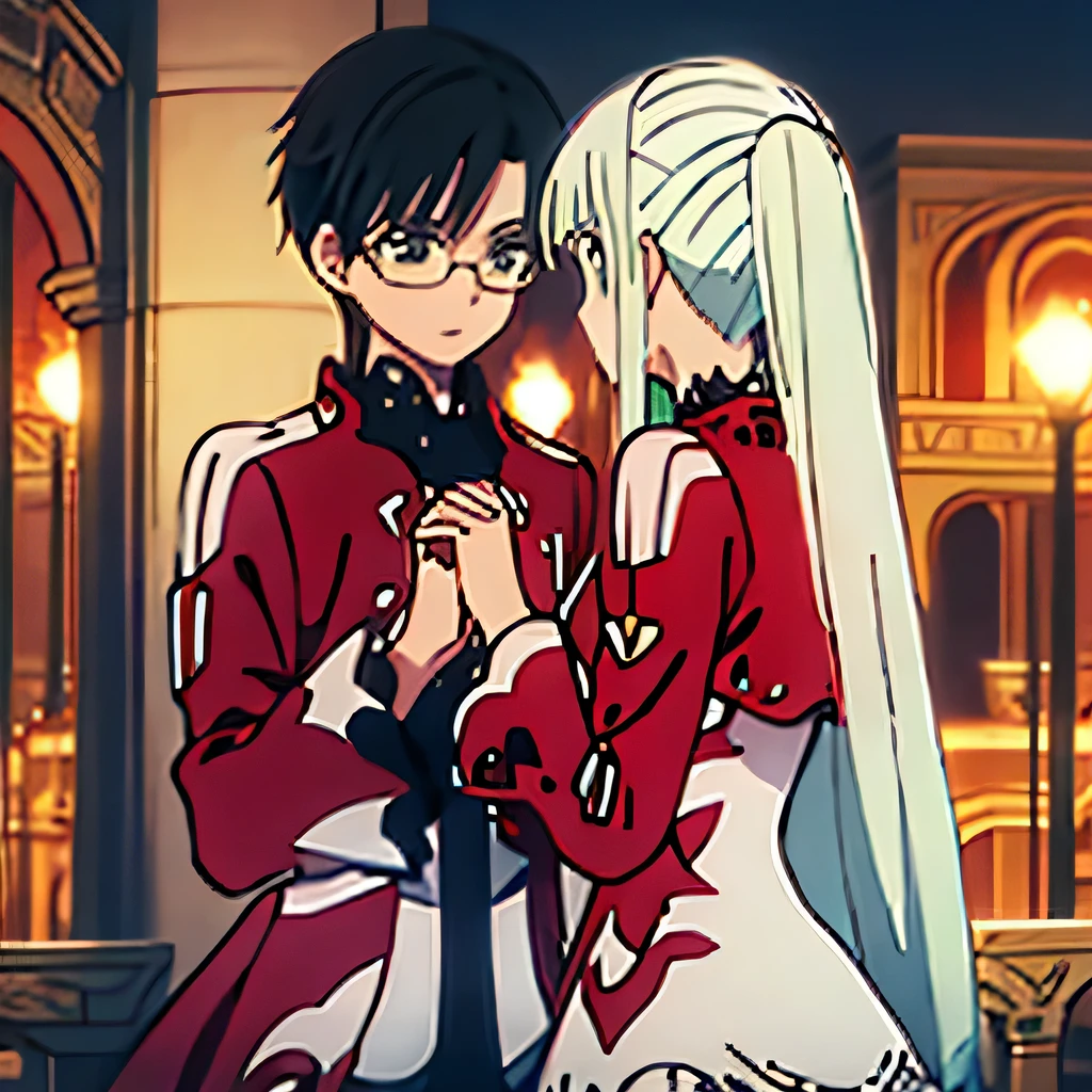 1 boy with black hair, Red jacket and glasses romantically holding hands with a girl in a red and white dress Long light green hair and green eyes, bright city at night in the background., True love, blushing cheeks, high quality