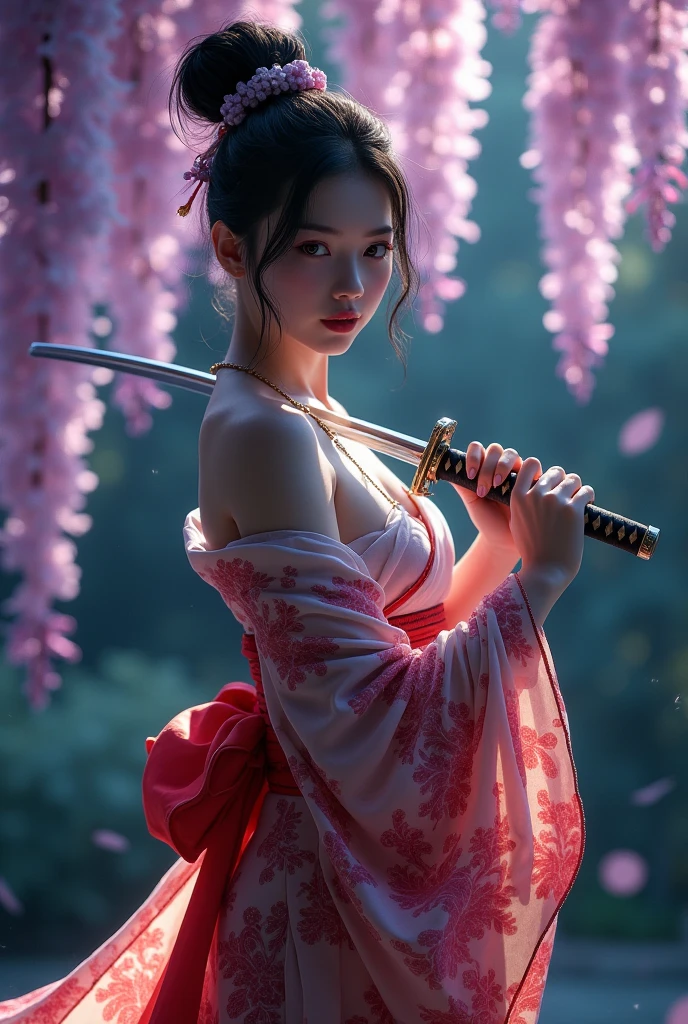 naked asian woman with katana on which sakura petals fall