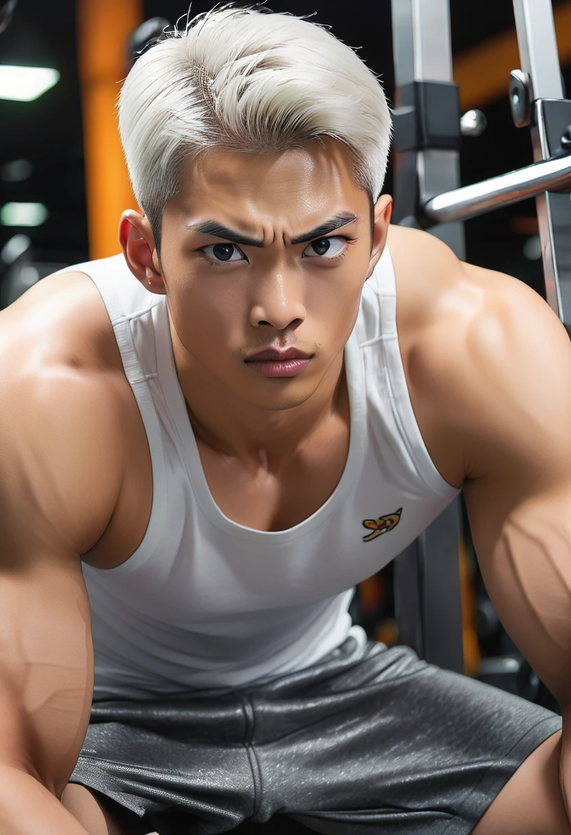 8K crystal clear images, The work is very detailed., best quality, Masterpiece, very detailed, A muscular man has muscular thighs., handsome man, short white hair, Thin body, Tingling face, He has realistic eyes., Cock, Realistic eyes, Cum, Cockใหญ่, , shiny surface, เส้นเลือดปูดที่Cock, Cockใหญ่ยาว, Jerk off, Thin body, Asian face, young boy, Shiny skin, in the gym, Lie on your back on the cushion., Catch his eggs, Bite the lip.