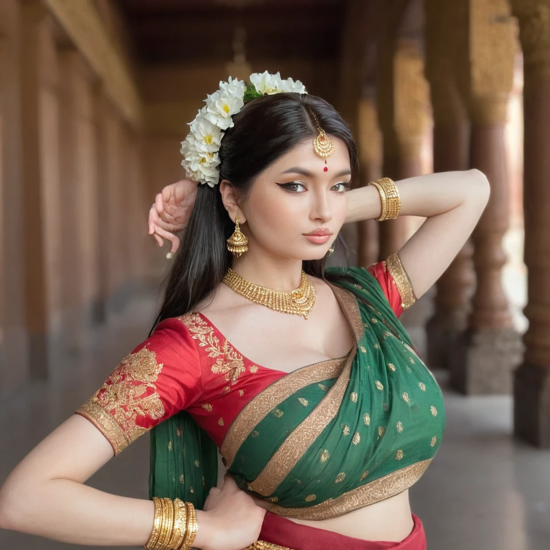 BustyEmaxl, long, dark light brown hair; fair skin; green eyes; thin nose; full lips; thick, arched eyebrows; pointed chin. She is 5'9" tall and weighs 120 lbs. She has a generous 36DD bust. She is a Hindu temple dancer in an elegant and expressive pose, capturing the essence of traditional dance. She wears a draped red and gold silk sari, the fabric richly embroidered with intricate patterns and gold details. The dress is fitted at the torso with a bodice adorned with precious stones and delicate jewels. Her arms are adorned with numerous finely engraved gold bangles, and her ankles are decorated with golden bells that emit a soft jingle with each movement.

Her hair is neatly styled in an elegant bun, adorned with white flowers and gold jewels. Her feet are shod in jeweled sandals, adding an extra touch of elegance to her dance.

In the background, the interior of a Hindu temple, with carved columns, walls decorated with colorful frescoes and statues of deities, creates a sacred and mystical atmosphere. The soft light emanating from candles or oil lamps accentuates the richness of the colors and details of the dancer, adding to the spiritual and majestic atmosphere of the scene.