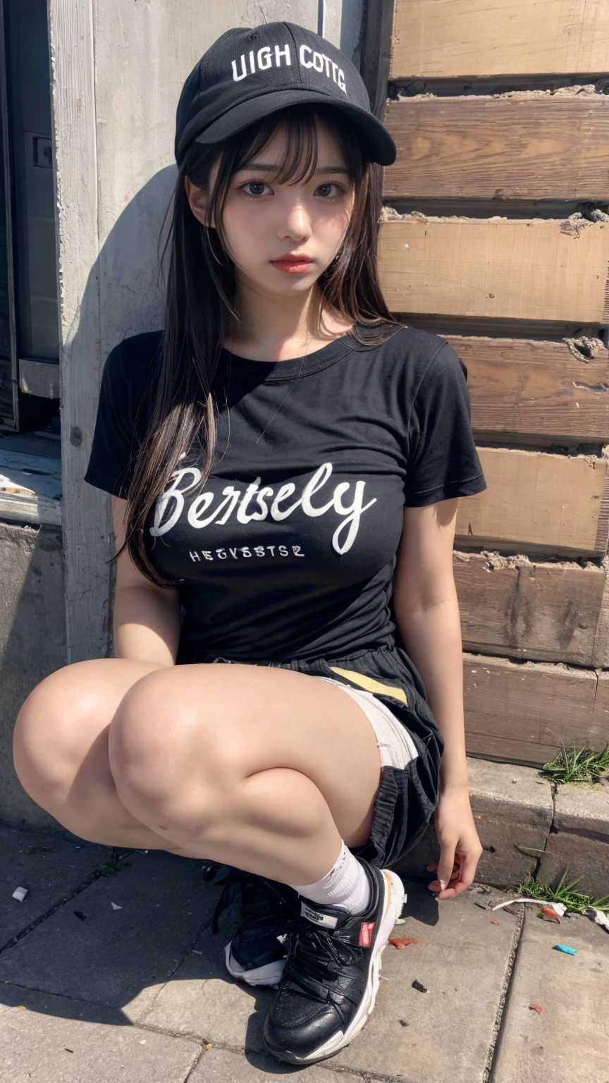 Very cute face、smile、14 years old、girl、Fluffy long hair、Beautiful legs、Beautiful body、Thin legs、White skin、Black T-shirt、Black mini skirt
