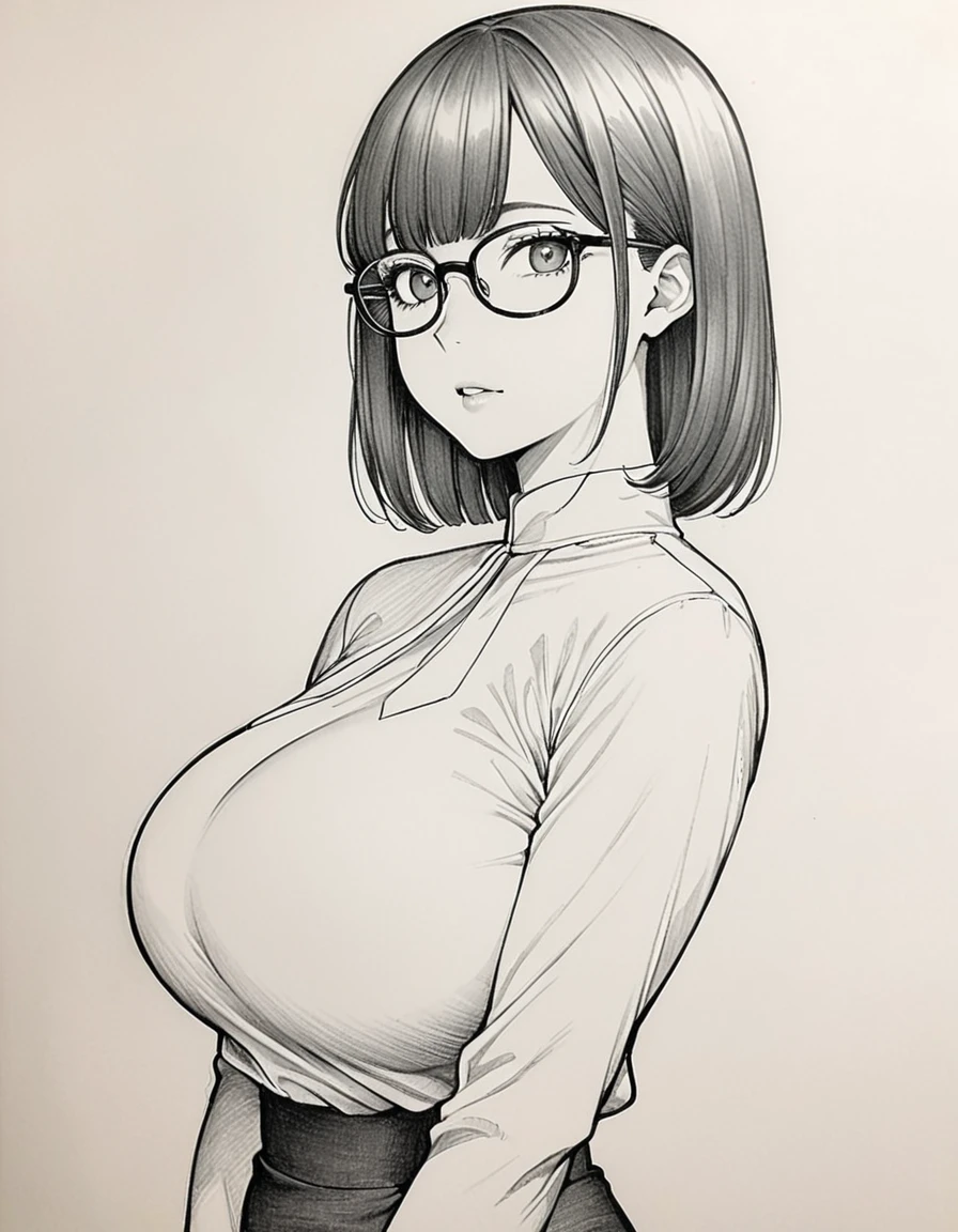 1 female, 30-year-old, alone, thin, slender, (gigantic breasts), nape undercut, Bedhead, Blunt bangs, thin, slender, (((glasses))), long sleeve blouse, sexy pencil skirt, Are standing, art, black and white, line art, pencil drawing, draft, White background, portrait