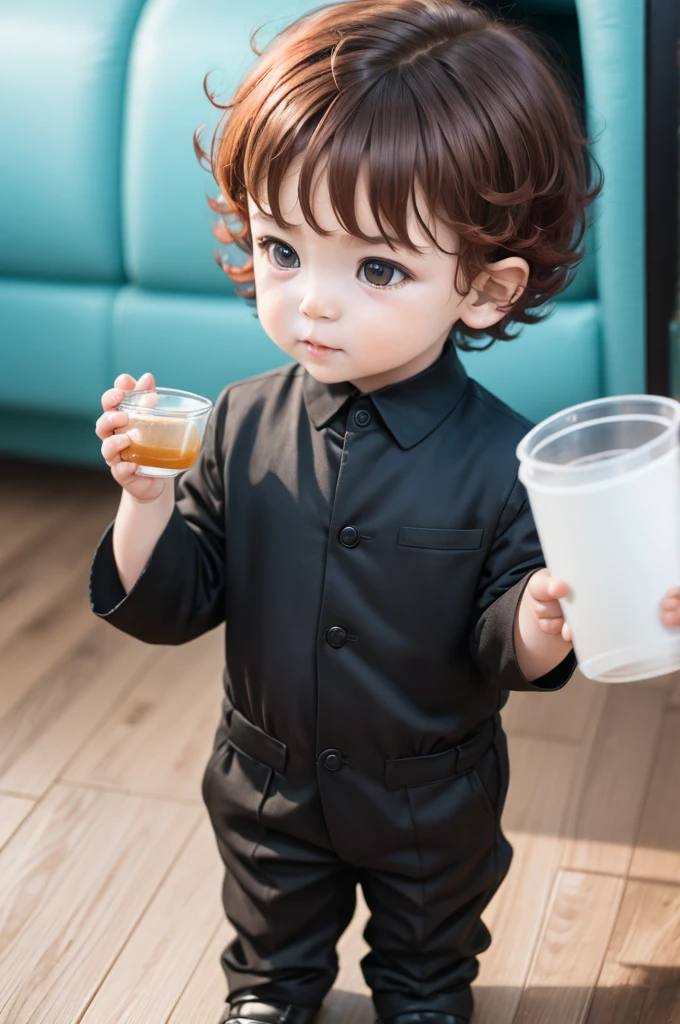 A toddler in a black suit with short red hair holds a cup