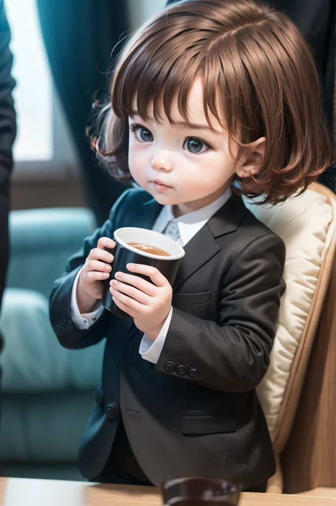 A toddler in a black suit with short red hair holds a cup