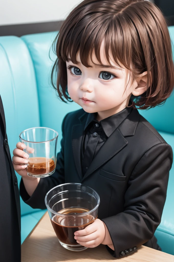 A ddler in a black suit with short red hair holds a cup