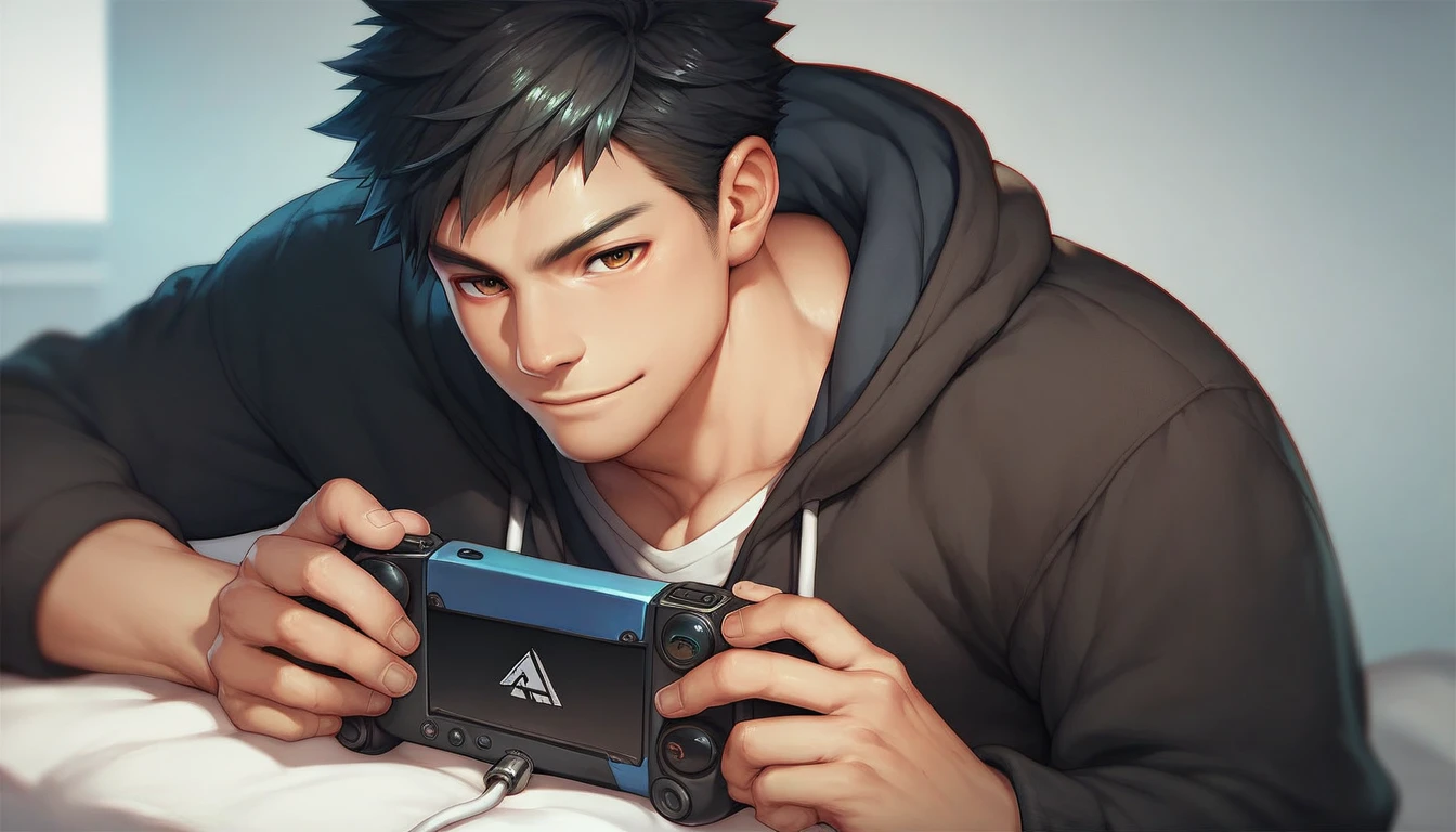 Student, alone, playing video games, Japanese, black hair, brown eyes, man, hoodie, home