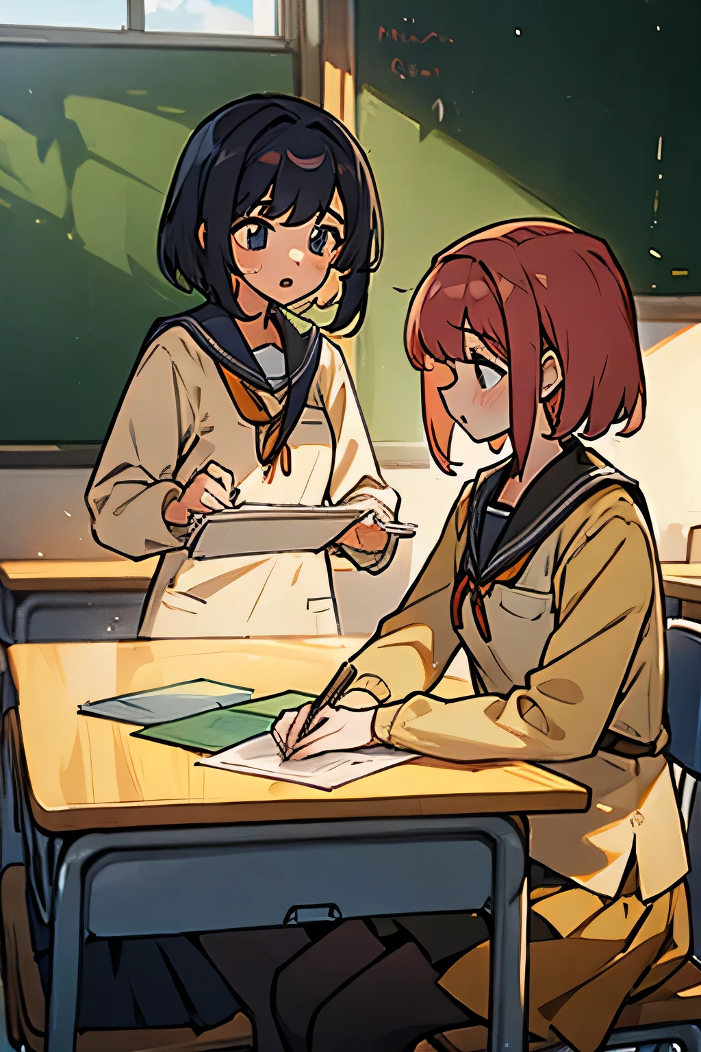 <lora:amidori-000035:1> amidori, black eyes, sanpaku,
camouflage headwear, bhat,
serafuku, pleated skirt, blazer, blue skirt,
1girl, solo, excited, upper teeth, drawing, drawing tablet, desk
