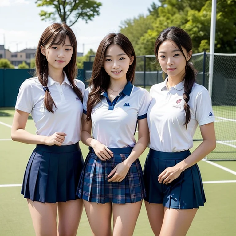 ,((An accident almost exposes her vagina and nipples:1.15)),A group of European  girls, around 12 to , are pcticing their tennis smashes on a well-maintained school tennis court. They are dressed in sporty, matching tennis outfits—white shirts with pleated skirts or shorts, paired with comfortable sneakers. The girls are focused, their faces showing determination and athletic prowess as they work on perfecting their powerful smashes. The court is surrounded by a green fence, with a few trees and the school's red-brick buildings visible in the background. Some girls are mid-air, their rackets high as they execute their shots, while others are lined up, watching and waiting for their turn with focused expressions. The sun is shining brightly, casting long shadows on the court, and the atmosphere is one of intense practice and camaraderie as they encourage each other and refine their skills.(masterpiece), (Highest quality),Ultra-high resolution, Caustics, Get used to it, Beautiful Get used to it FACE,Perfect Anatomy,Cowboy Shot,Solo Beauty、Japanese book readers、Black Hair,Short Bob Hair,black eye,Slender body,Ideal body type,Medium chest,Sunburned skin,Glowing Skin,Oily skin,Glowing Skin,(masterpiece:1.3, highest quality, Ultra-high resolution, Super detailed), (Realistic:1.1, photoRealistic:1.4), Beautiful illustrations, Perfect lighting, colorful, Depth of written boundary, Beautiful detailed hair, Beautifully detailed face, Beautiful fine details, Beautiful clavicle, Beautiful body, Beautiful breasts, Beautiful thighs, Beautiful feet, Beautiful fingers, View your viewers, 1 girl, Japanese, high school girl, Perfect Face, (Perfect Anatomy, Anatomically correct), Cute and symmetrical face, Baby Face, Sunburn, Shiny skin, (Middle Hair:1.5, Twin tails:1.2, bionde), Asymmetrical bangs, Blue eyes, Long Eyelashes, (Medium chest), thin, ((Collared short-sleeved shirt, Light blue shirt, , Grey plaid pleated skirt, Navy them)), No panties, (Beautiful views), evening, (Outdoor, distant cityscape), Are standing, (peace sign), (Cute smile, Cheek blush、Upward glance, Open your mouth), (pussy:1.3), Occasionally crouches:1.2,