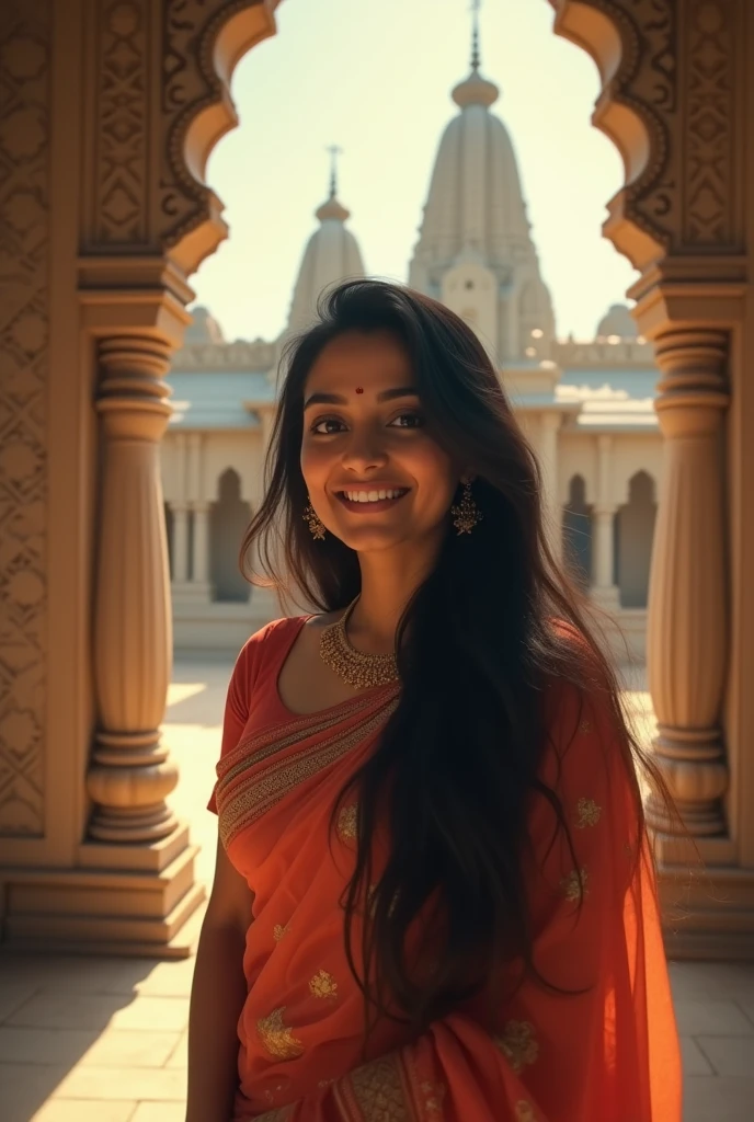 A single Indian 2 girl with long hair wearing saree in shree krishna temple and taking selfie generate a portrait image